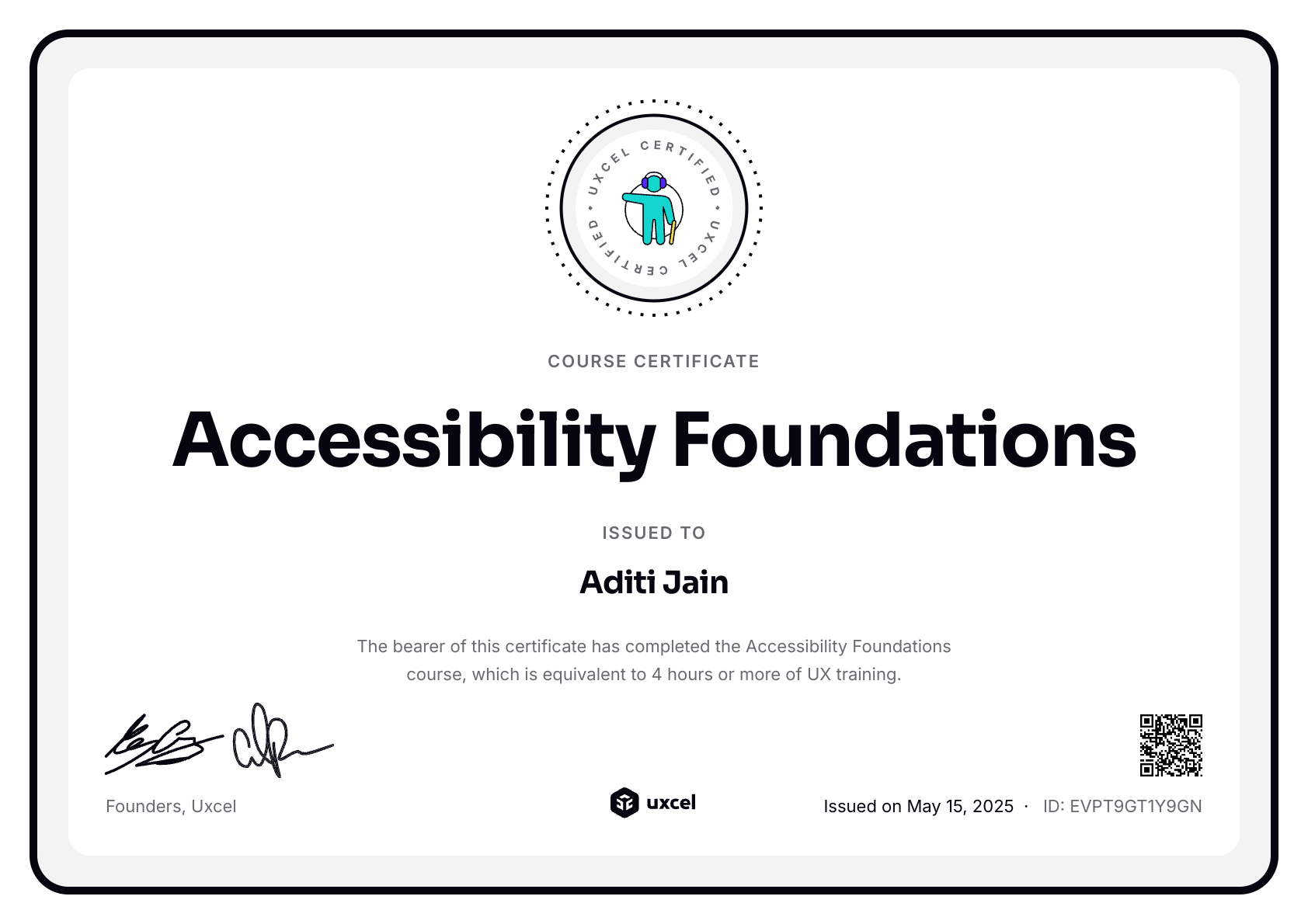 Aditi Jain's certificate
